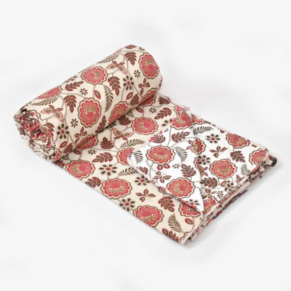 Flower Print Single Bed Cotton Dohar/AC Blanket (Reversible, 100% Cotton) - Red, Cream