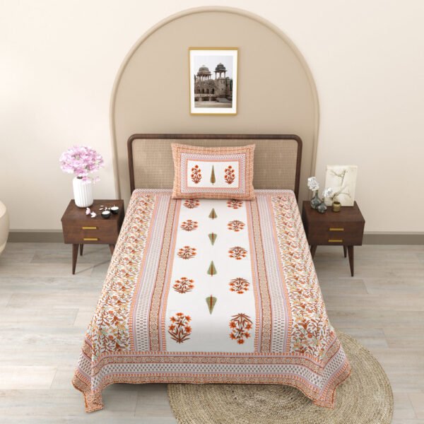 Jaipuri Single Bedsheet With Pillow Cover - Orange