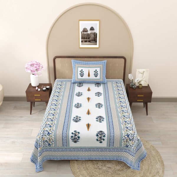 Blue Jaipuri Single Bedsheet With Pillow Cover