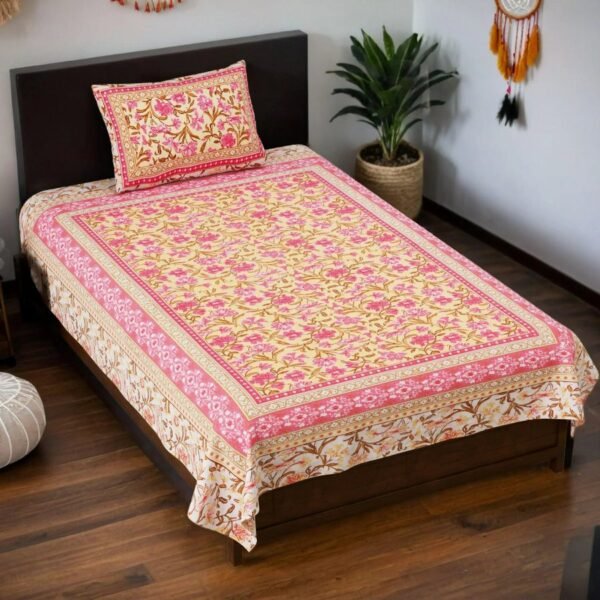 Single bedsheet with a cheerful yellow and pink floral print, made from soft and breathable 100% cotton. This bedsheet set includes a matching pillowcase and is perfect for adding a touch of elegance to any bedroom.