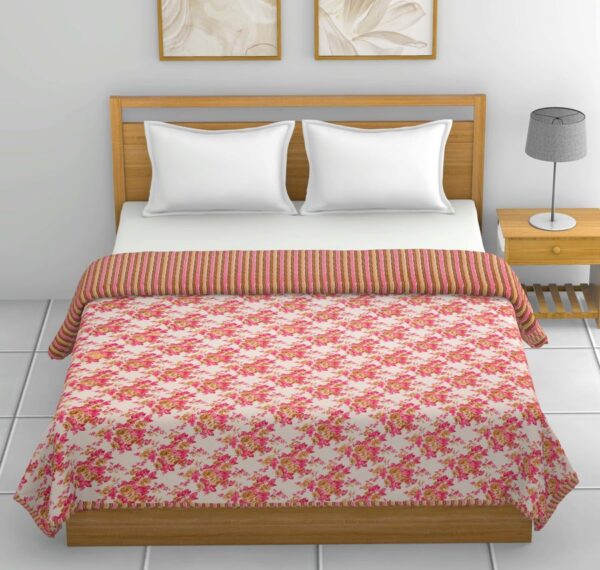 Floral Print Double Size Dohar (100% Cotton, Reversible) - Pink, Cream