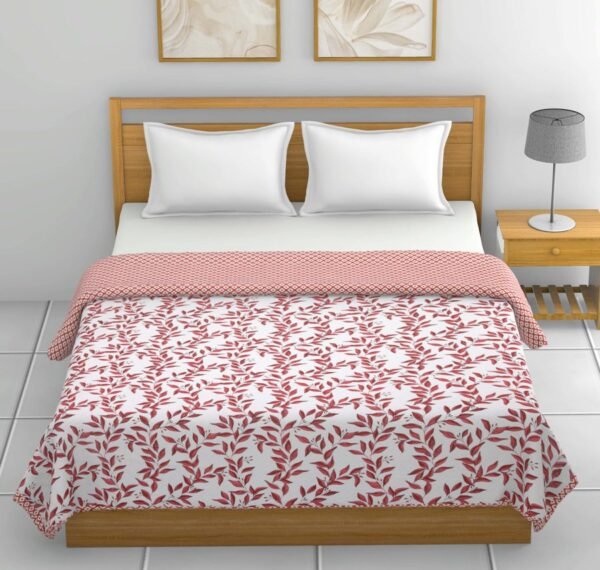 Leaf Print Double Bed Cotton Dohar (100% Cotton, Reversible) - Red