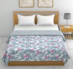 Leaf Print Double Bed Cotton Dohar (100% Cotton, Reversible) - Sky Blue