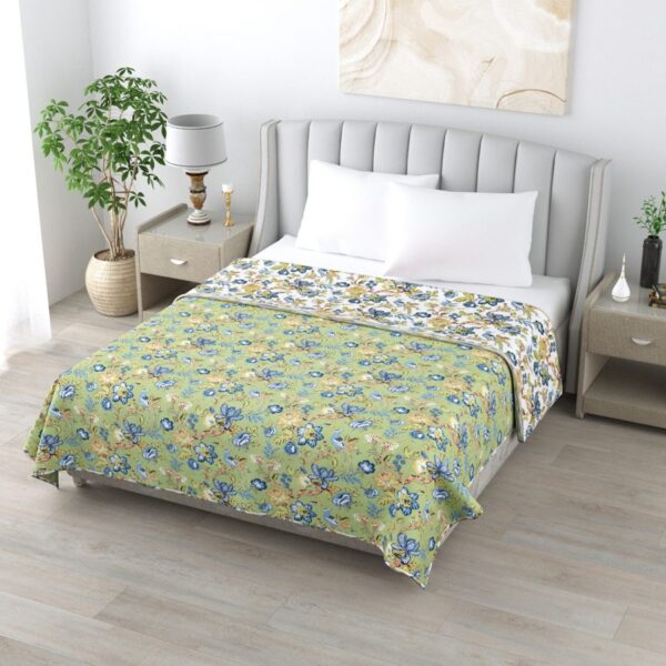 Floral and Bird Print Double Bed Cotton Dohar For Summer - (Reversible) - Green, White
