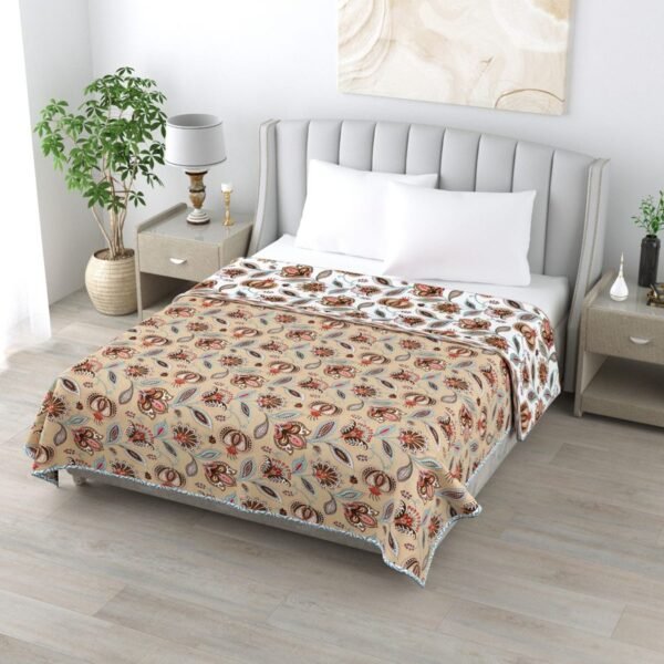Double Bed Cotton Dohar For Summer - Petals Print (Reversible) - Side angle - Mustard, White