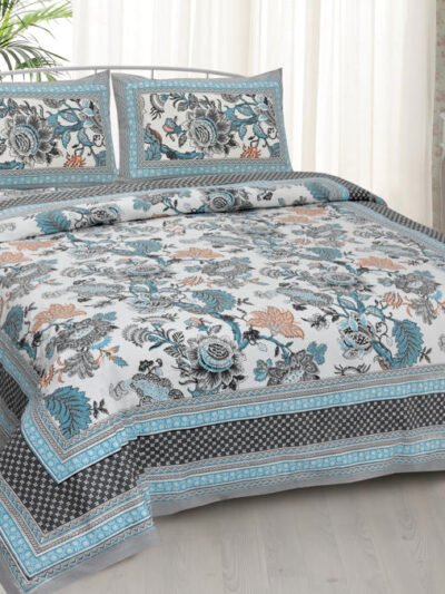 Ethnic Jaipuri- Mulmul Cotton Dohar Bedding Set (Grey Blue)
