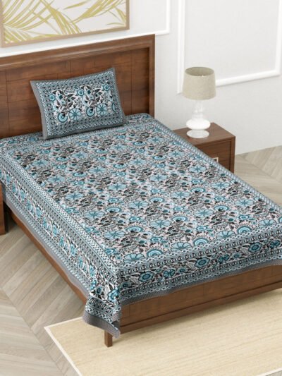 Jaipuri Print Blue Base Cotton Single Bedsheet