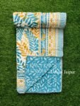 Leaf Print Mulmul Cotton Dohar for Single Bed - Blue - Urban Jaipur