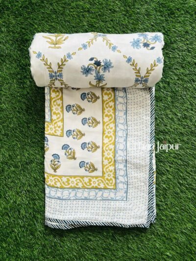 COTTON MULMUL FLORAL JAAL AC DOHAR BLANKET- BLUE, YELLOW
