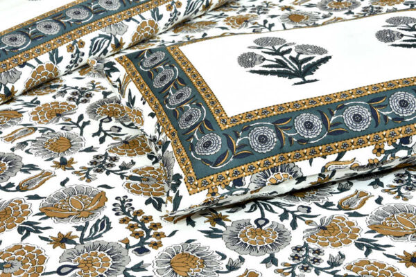 Jaipuri Floral Double Bedsheet - Greeen, White, Yellow