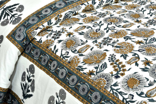 Jaipuri Floral Double Bedsheet - Greeen, White, Yellow