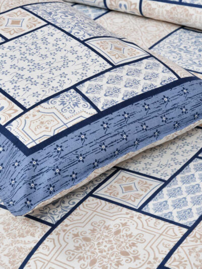 Blossom- Jaipuri Patchwork Double Bedsheet - Blue/Cream