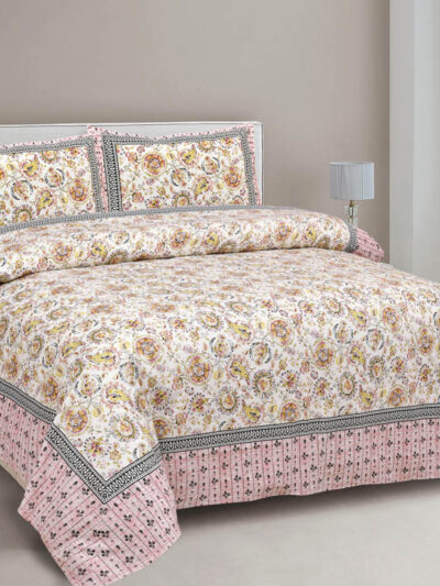 Jaipuri Floral Double Bedsheet - Pink, Yellow