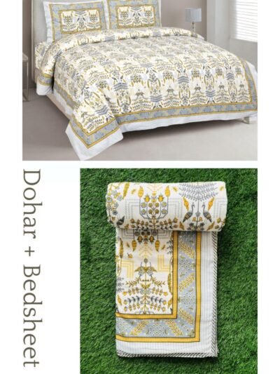 Blossom Yellow Mulmul Cotton Dohar Bedding Set | Queen Size Bedsheet & Dohar Combo