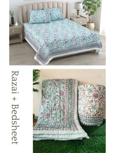 Razai Set - Set Of 4 Pcs - Blue Floral Print Razai Bedding Set (Bedsheet & Quilt Set)