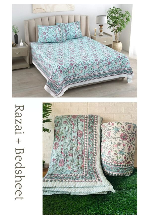 Razai Set - Set Of 4 Pcs - Blue Floral Print Razai Bedding Set (Bedsheet & Quilt Set)