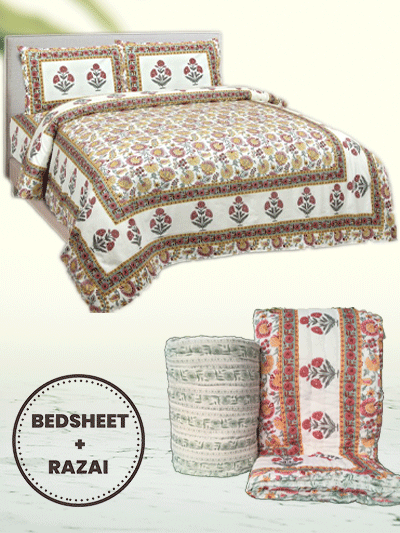 Razai Set - Set Of 4 Pcs - Yellow Floral Print Razai Bedding Set (Bedsheet & Quilt Set)