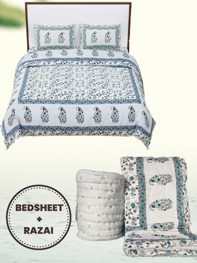 blue king size bedsheet with a quilt(razai)