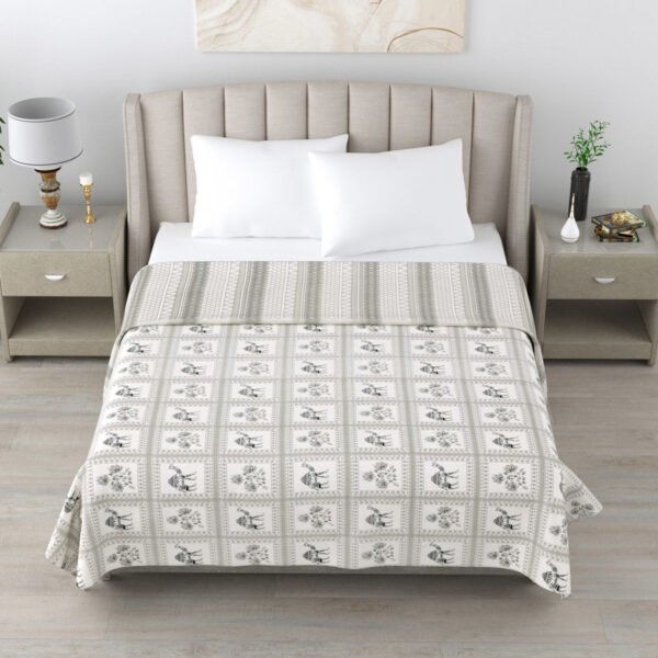 Elephant Print Double Bed Cotton Dohar (100% Cotton, Reversible) – Grey, Black