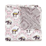 Camell Elephant Print Double Bed Cotton Dohar (100% Cotton, Reversible) - Pink, Grey - folded