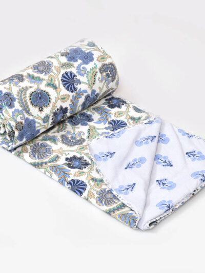 Floral Print Double Bed Cotton Dohar/AC Blanket (Reversible, 100% Cotton) - Blue