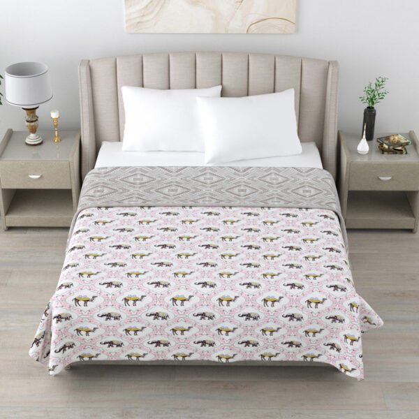 Camell Elephant Print Double Bed Cotton Dohar (100% Cotton, Reversible) - Pink, Grey