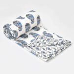 Leaf Print Double Bed Cotton Dohar (100% Cotton, Reversible) -Blue