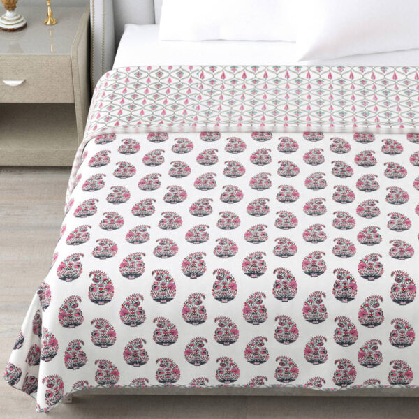 Leaf Print Double Bed Cotton Dohar (100% Cotton, Reversible) - Pink, Gray