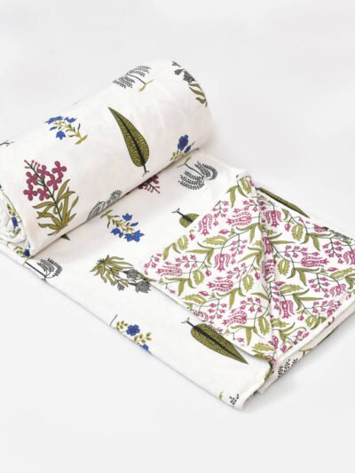 Handblock Leaf Print (100% Cotton, Reversible) Double Bed Dohar - Green, Pink