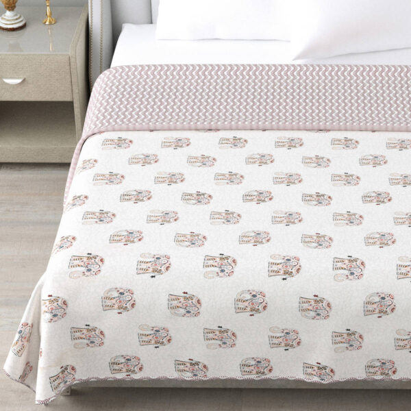 Ethnic Elephant Print Cotton Dohar Double Bed, 100% Cotton, Reversible, Red, White