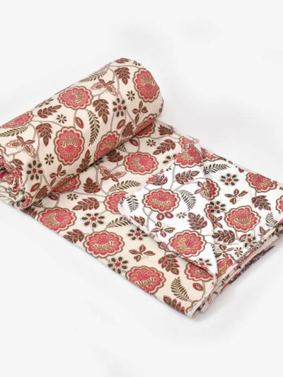 Floral Print Double Bed Cotton Dohar/AC Blanket (Reversible, 100% Cotton) - Red, Brown