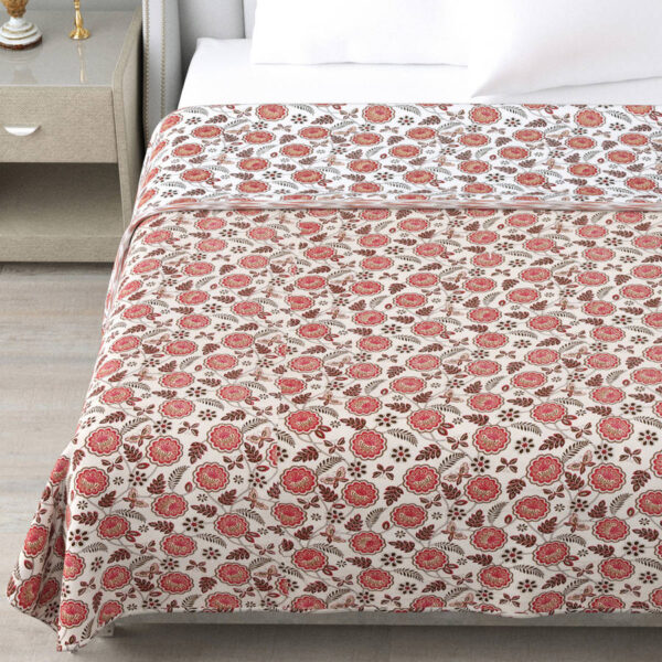 Floral Print Double Bed Cotton Dohar/AC Blanket (Reversible, 100% Cotton) - Red, Brown