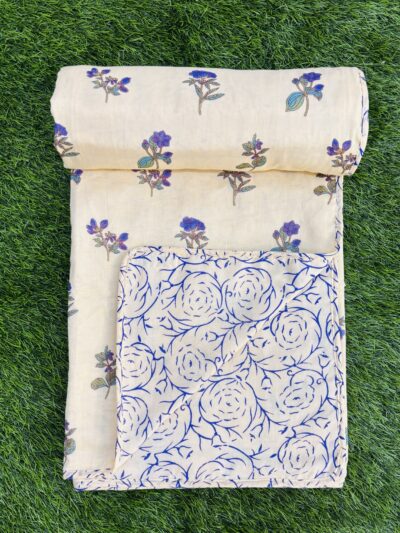Handcrafted Cotton Dohar – Cream Base with Blue Floral Print