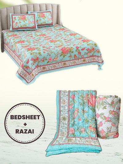 Razai Set - Set Of 4 Pcs - Yellow Floral Print Razai Bedding Set (Bedsheet & Quilt Set)