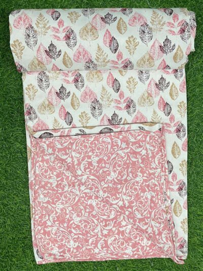 Leaf Print single Bed Cotton Dohar For Summer (Reversible, 100% Cotton) - Pink