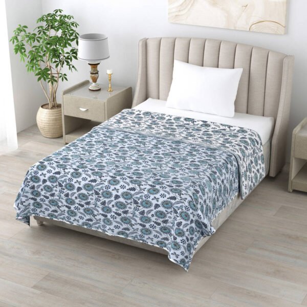 Flower Print Single Bed Cotton Dohar/AC Blanket (Reversible, 100% Cotton) - Blue, Grey