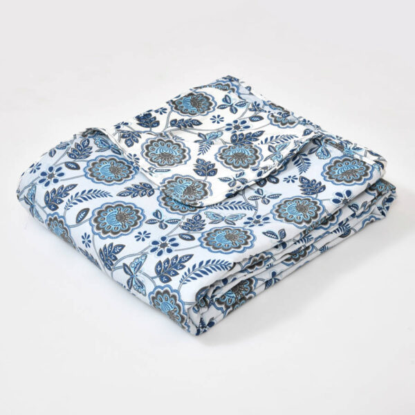 Flower Print Single Bed Cotton Dohar/AC Blanket (Reversible, 100% Cotton) - Blue, Grey