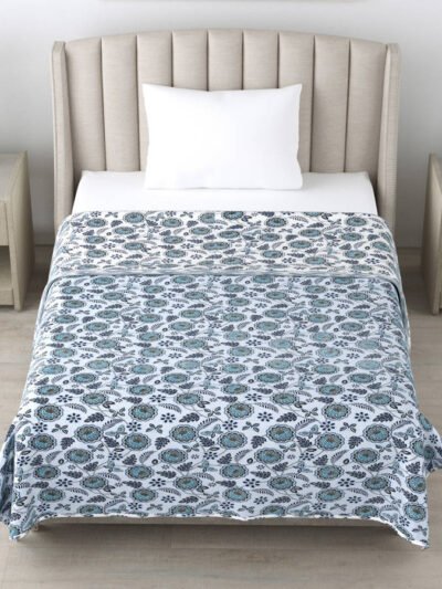 Flower Print Single Bed Cotton Dohar/AC Blanket (Reversible, 100% Cotton) - Blue, Grey