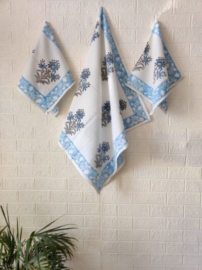 Premium Block Printed Cotton Towel Set - Fresh Lily Design - Sky Blue