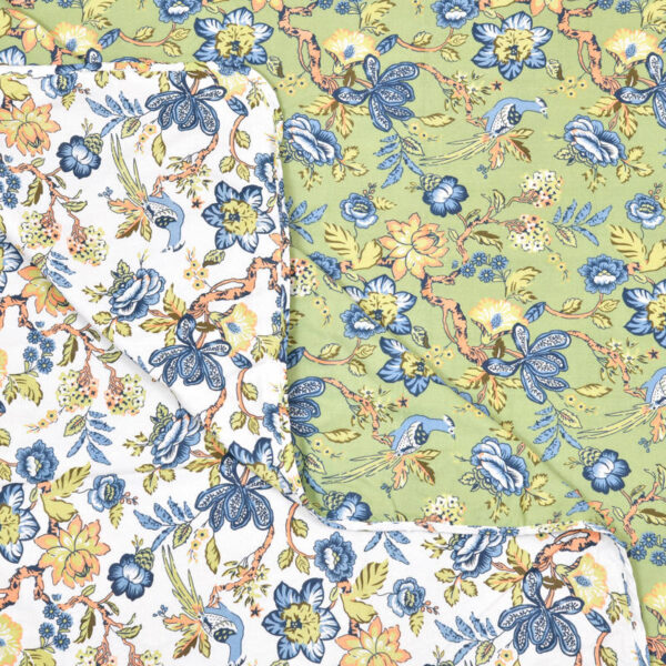 Floral and Bird Print Double Bed Cotton Dohar For Summer - (Reversible) - Green, White