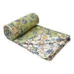 Floral and Bird Print Double Bed Cotton Dohar For Summer - (Reversible) - Green, White