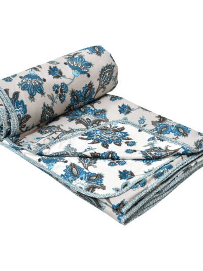 Double Bed Cotton Dohar For Summer - Floral Print (Reversible) - Blue