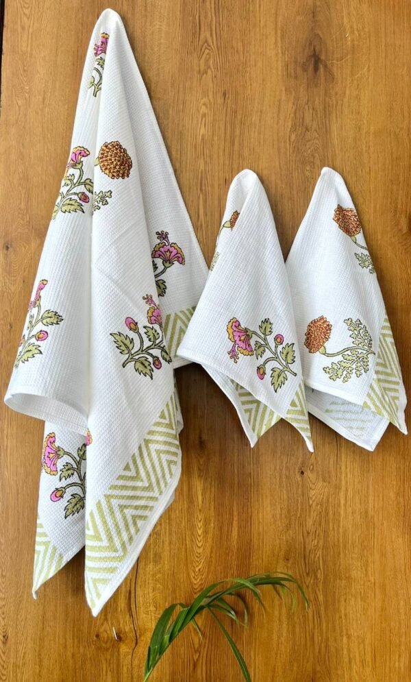 Hand Block Towel Set 1+2(Bath, Hand Towel) - Flower and Pot Print | Urban Jaipur (Copy)
