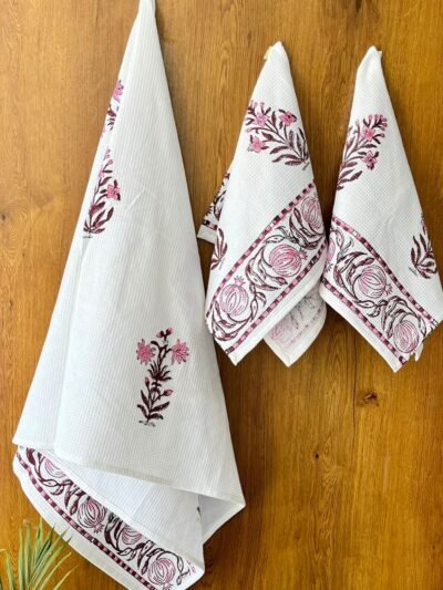 Block Printed Cotton Bath and Hand Towel (Set Of 1+2) - Pink Petal