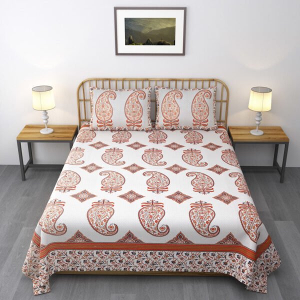 Jaipuri Gold - Paisley Prints Pure Cotton King Size Bedsheet, Peach, Gold |(100*108) inches