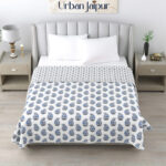 Leaf Print Double Bed Cotton Dohar (100% Cotton, Reversible) -Blue