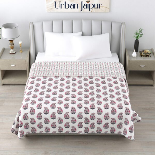 Leaf Print Double Bed Cotton Dohar (100% Cotton, Reversible) - Pink, Gray