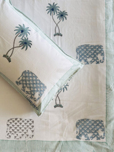 hathi and palm print bedsheet - hand block print on premium quality cotton fabric bedsheet