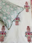 Harmony- Block Printed King-Size Cotton Bedsheet with Bouquet Prints - Green & Red