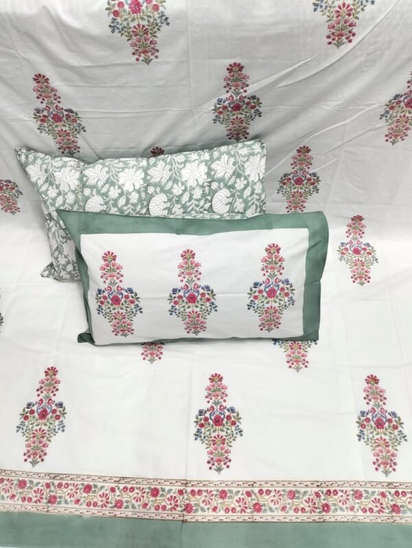 Harmony- Hand Block Printed King-Size Cotton Bedsheet with Bouquet Prints - Teal & Red